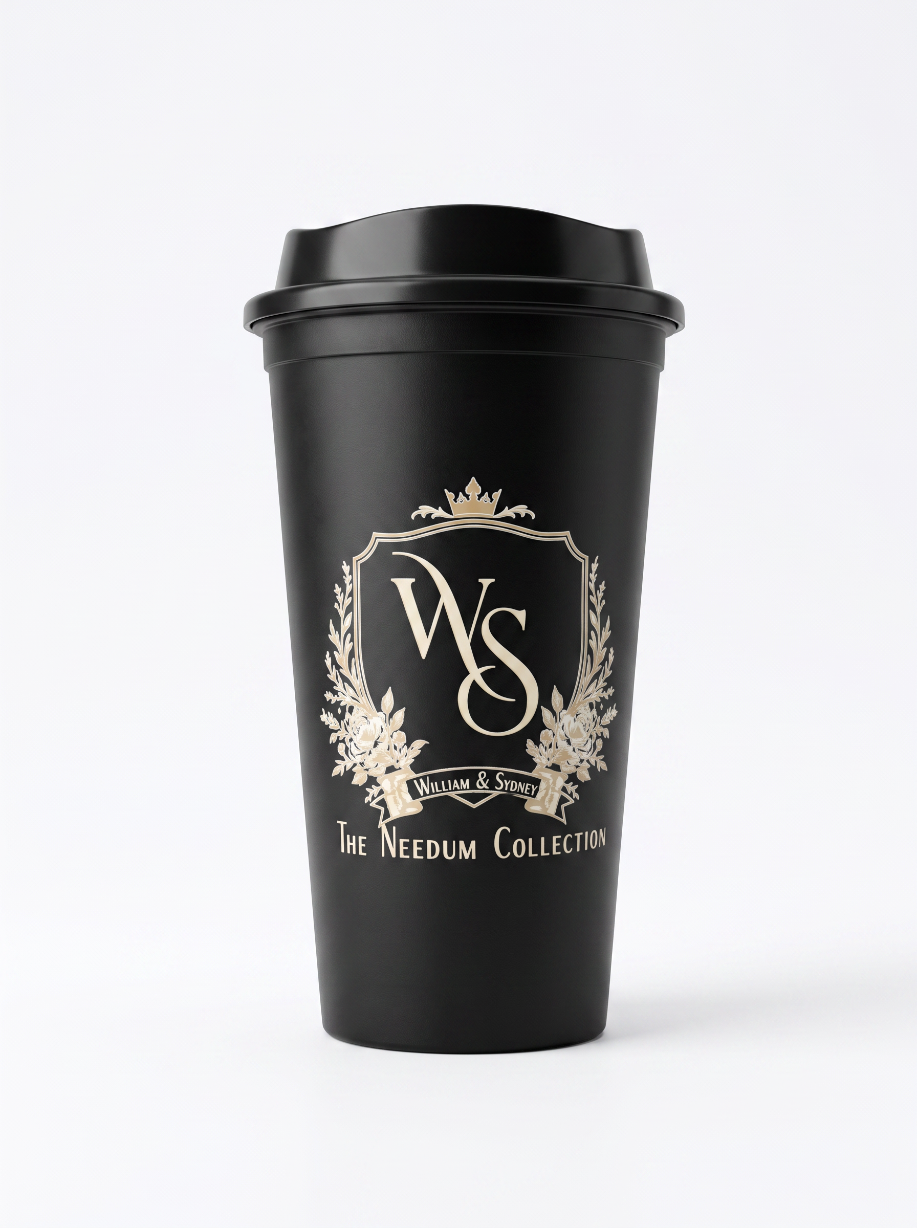 Personalized black tumbler with a custom monogram crest