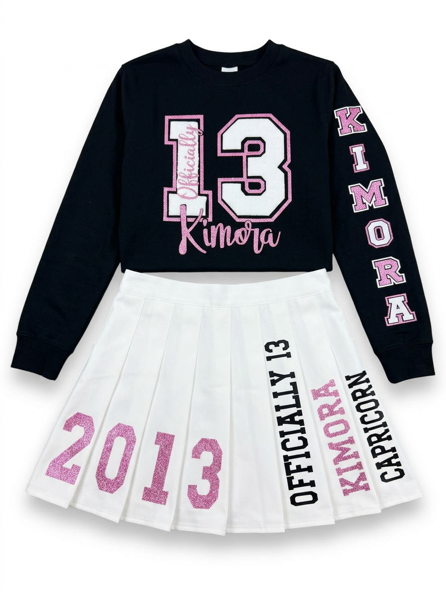 Personalized black long-sleeve top and pleated skirt set with a custom birthday name and year