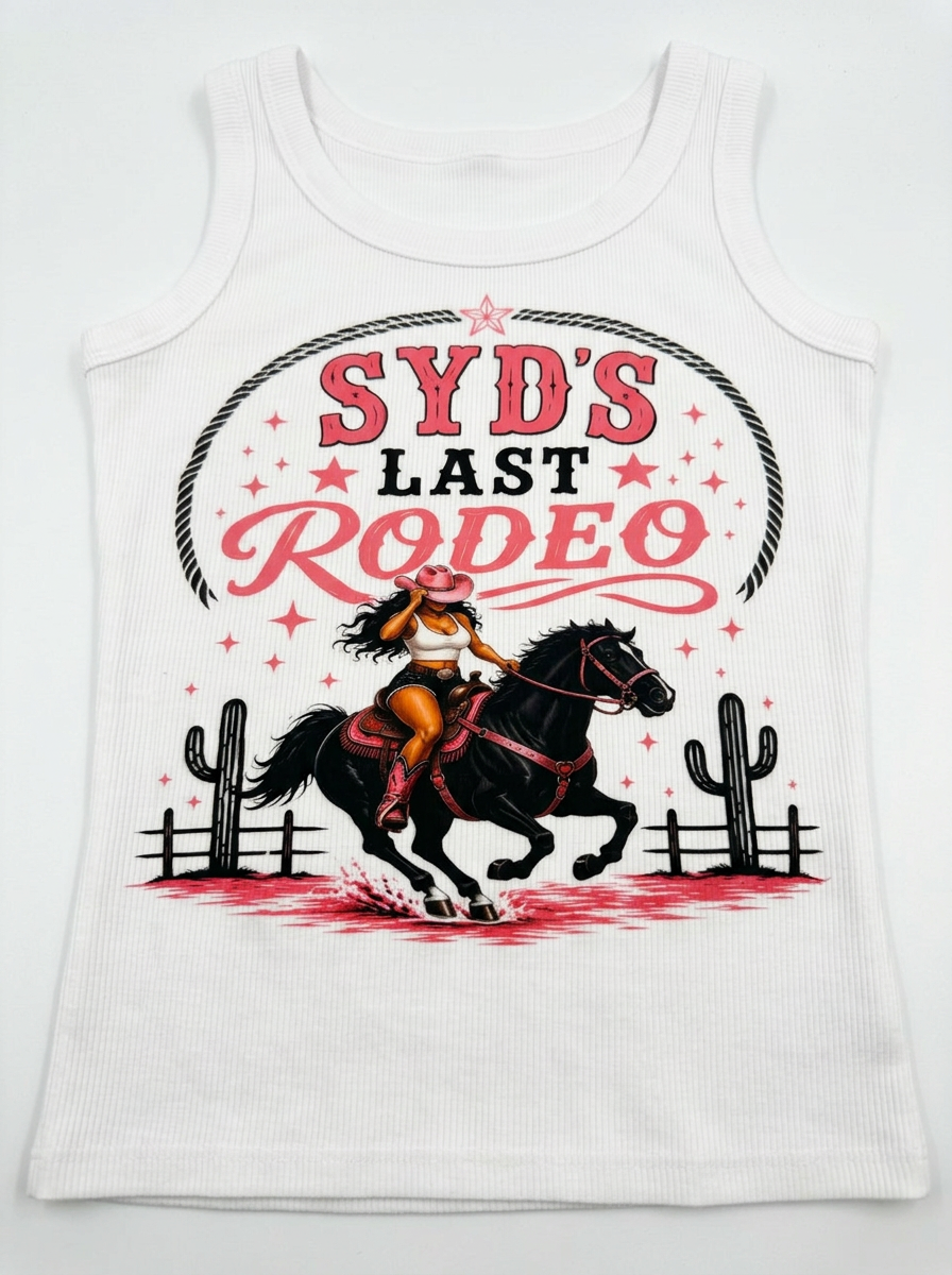 Personalized white tank top with a custom printed party graphic