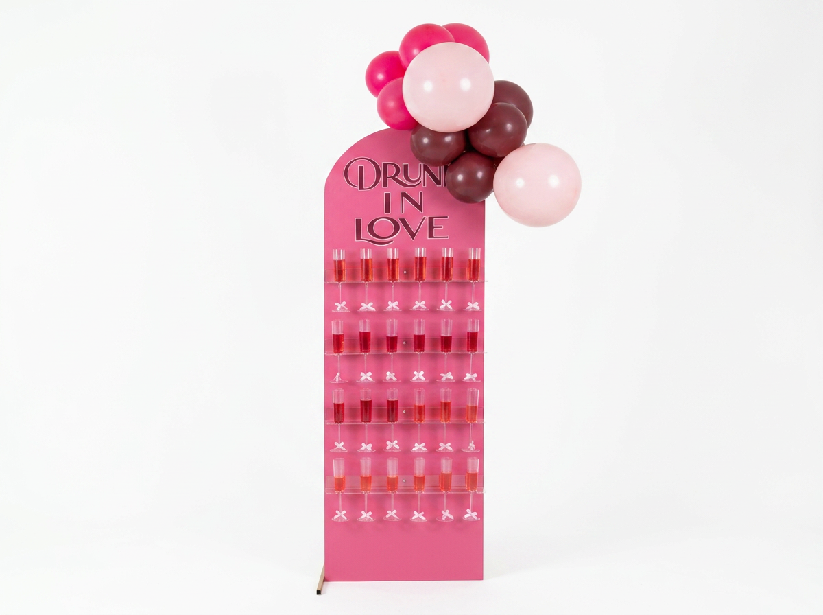 Pink arched champagne and drink wall filled with glasses under a Drunk in Love sign