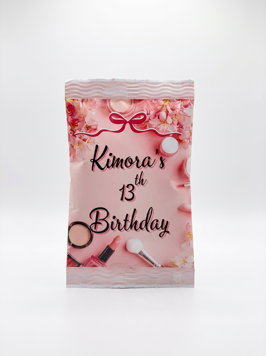 Personalized pink birthday favor bag with a custom makeup-themed design