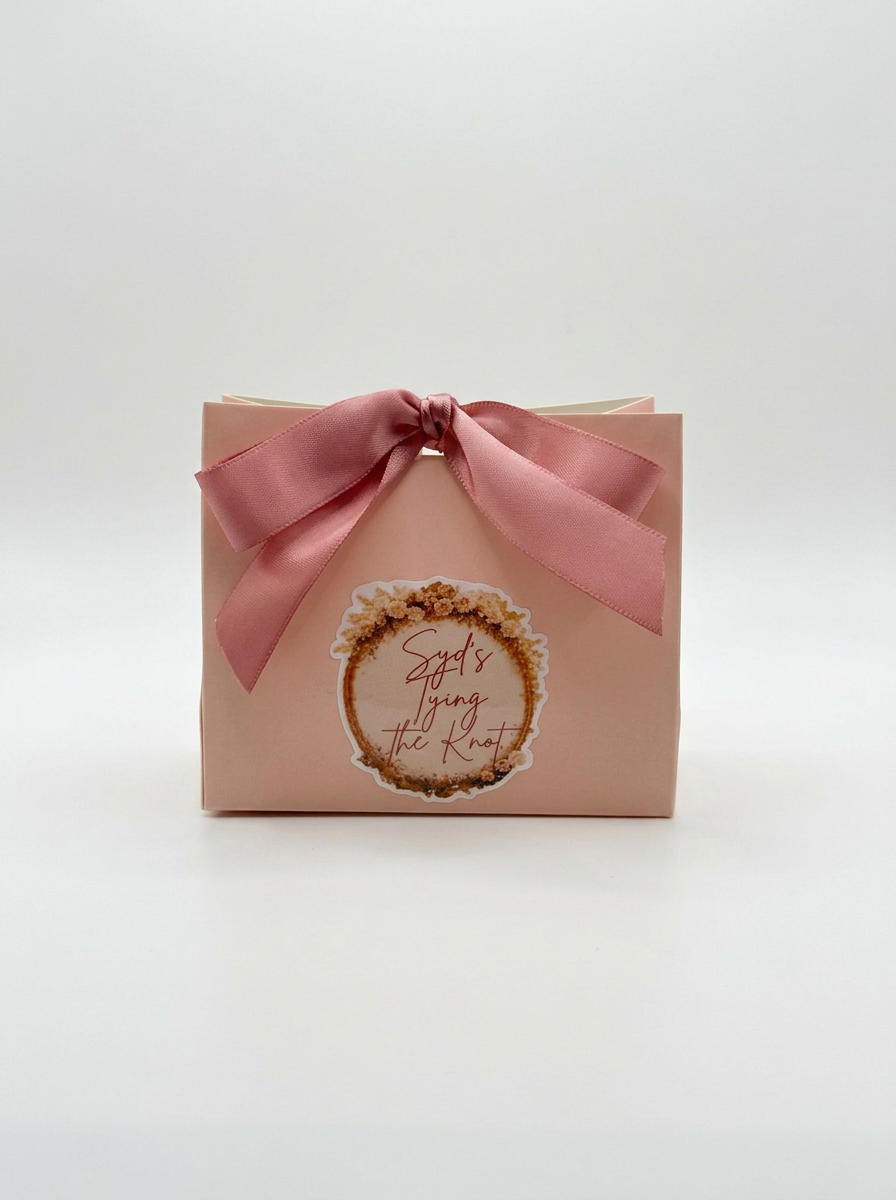 Blush favor box with a satin bow and a custom printed sticker