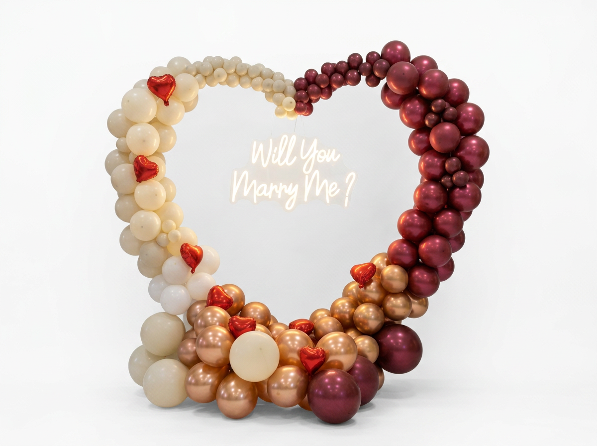 Heart-shaped frame with a balloon garland and a Will You Marry Me neon sign on a clean white background