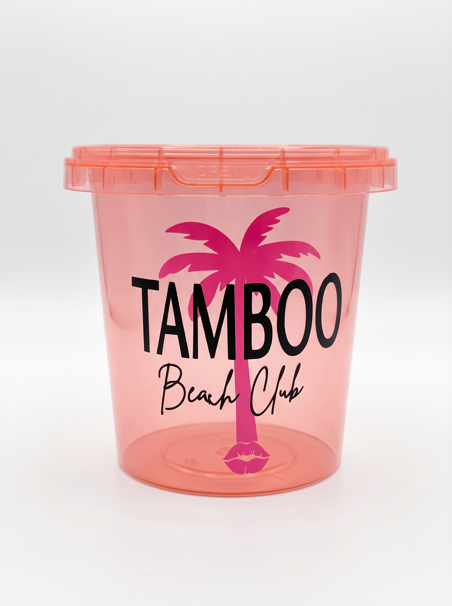 Personalized pink lidded party cup with a custom printed design